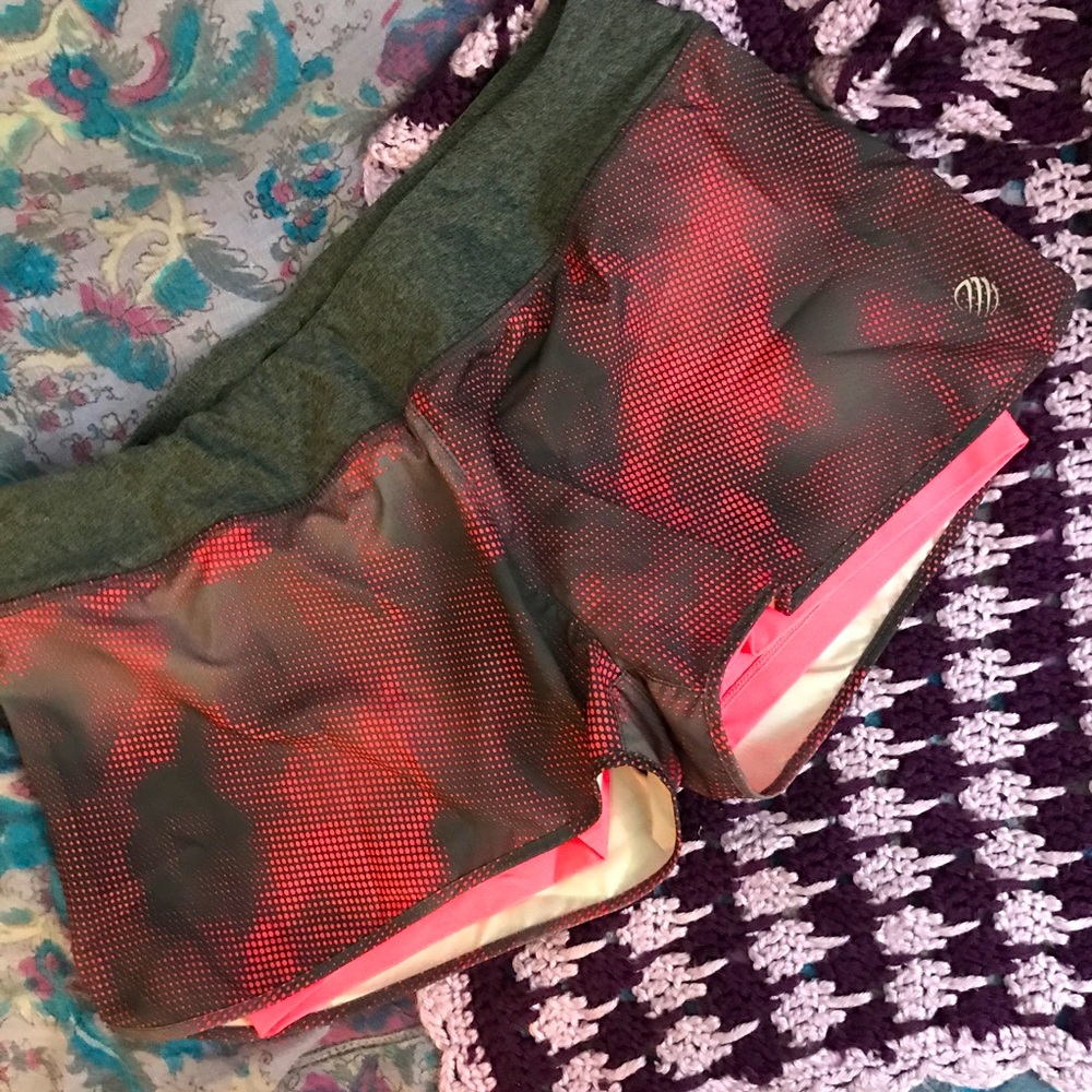 MPG ATHLETIC RUNNING SHORTS - pink and grey w/ hot-pink spandex built in size M